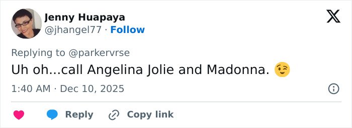 Twitter reply from Jenny Huapaya with a playful comment about Angelina Jolie and Madonna related to viral theory on Millie Bobby Brown's newborn.