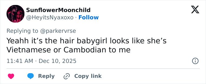 Tweet from SunflowerMoonchild discussing viral theory about Millie Bobby Brown's newborn daughter’s appearance and heritage speculation.
