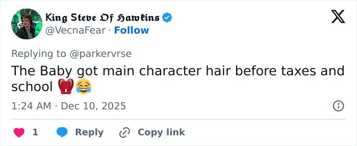 Tweet discussing viral theory about Millie Bobby Brown's newborn daughter’s hair before school and taxes with laughing emojis.