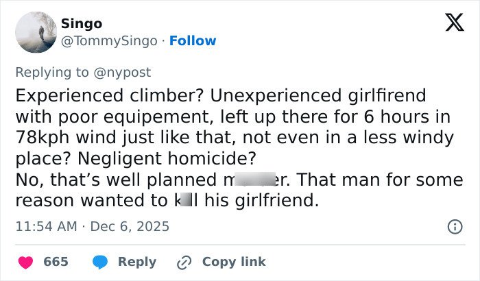 Tweet showing a user accusing boyfriend who abandoned woman on Austrian mountain of planned homicide after her body was found.