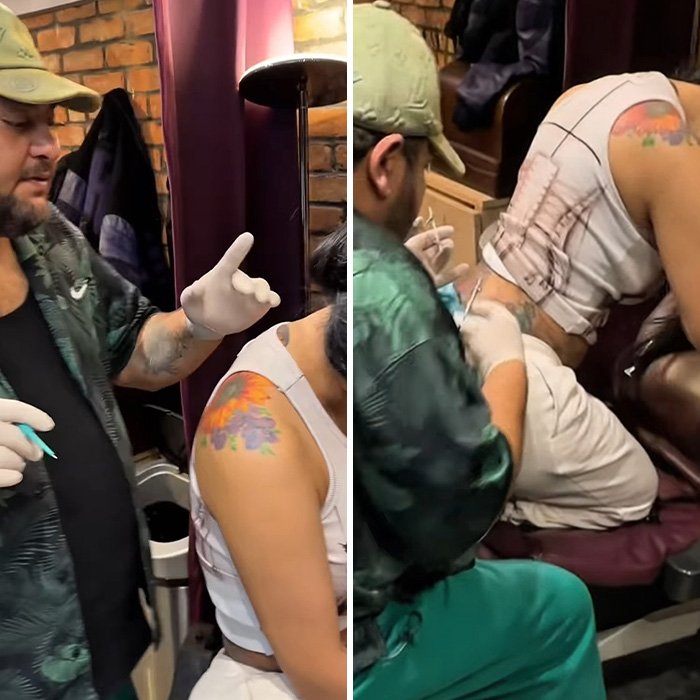 Tattoo artist wearing gloves piercing a woman's neck and back in a studio, highlighting new neck and back piercings.