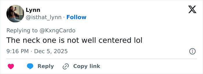 Screenshot of a Twitter reply commenting on Cardi B&rsquo;s new neck and back piercings saying the neck one is not well centered.
