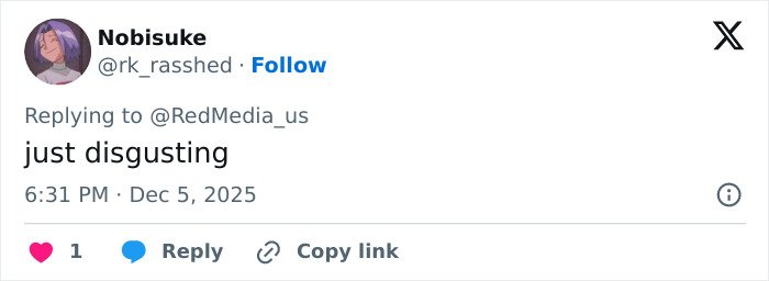 Tweet criticizing Cardi B's new neck and back piercings, calling the look disgusting in a social media reply.