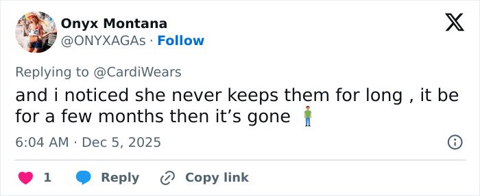 User tweet criticizing Cardi B's new neck and back piercings, mentioning she doesn't keep them for long.