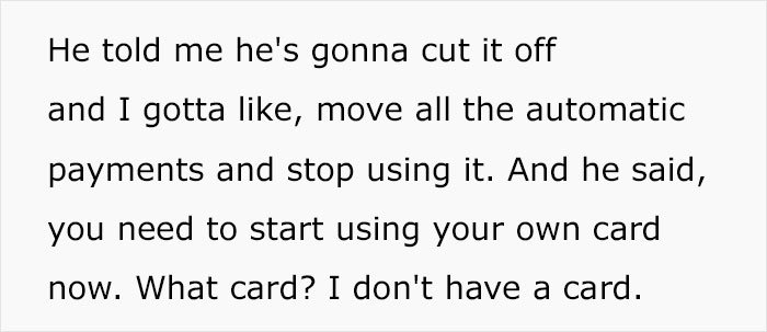 Text excerpt showing a stay-at-home mom at a loss as husband cuts off financial support and advises using her own card.