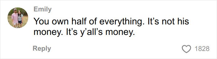 Commenter Emily explaining financial rights to a stay-at-home mom facing divorce and unexpected challenges.