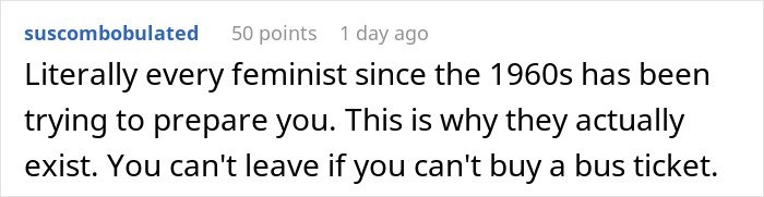 Screenshot of an online comment discussing the challenges faced by a SAHM at a loss when husband asks for divorce.