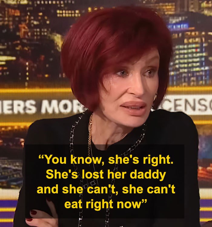 Sharon Osbourne speaking about Kelly&rsquo;s heartbreaking weight loss during a televised interview with city lights background.