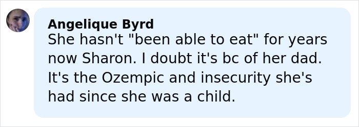 Comment by Angelique Byrd discussing Sharon Osbourne's response to Kelly's heartbreaking weight loss struggles.