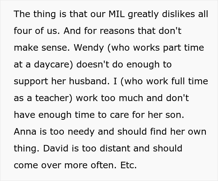 Text excerpt from women explaining why MIL dislikes them, relating to women ruining MIL&rsquo;s surprise visit.