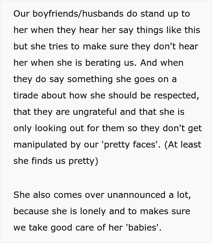 Text about women pretending not to know MIL is coming, ruining her surprise and causing tension with boyfriends.