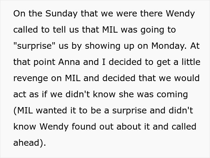 Text describing women pretending they had no idea MIL was coming, ruining her surprise visit plan.
