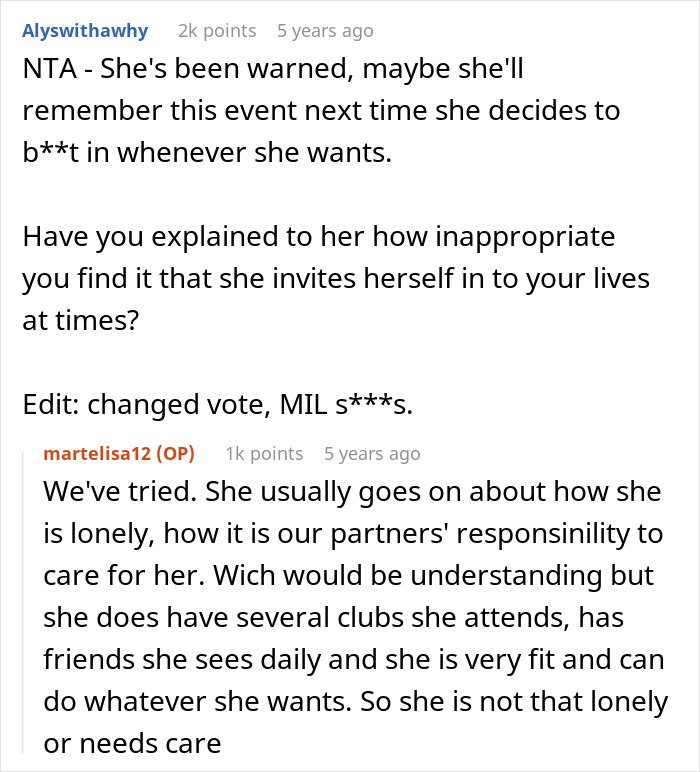 Reddit conversation showing women ruining MIL surprise by pretending not to know she was coming, discussing boundaries and care.