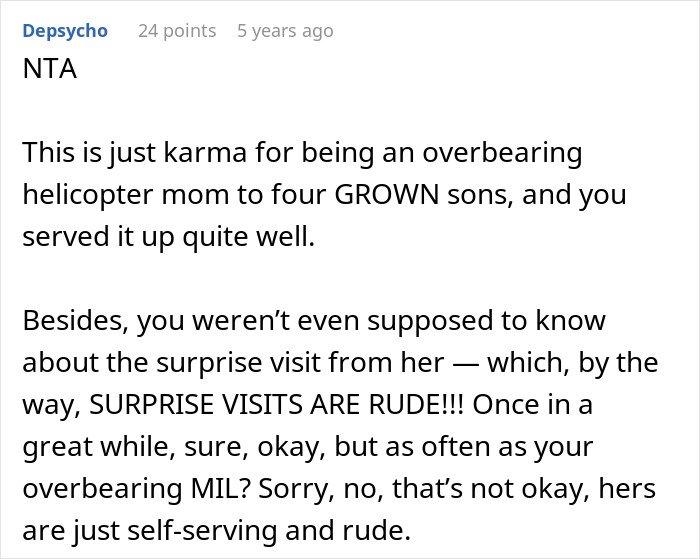 Screenshot of a Reddit comment discussing women ruining MIL&rsquo;s surprise by pretending they didn&rsquo;t know she was coming.