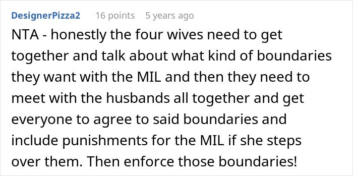 Comment discussing women setting boundaries with MIL and enforcing them to prevent surprise visits and issues.