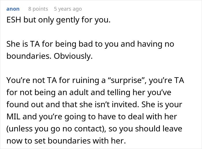 Comment discussing boundaries and reactions after women ruin MIL&rsquo;s surprise by pretending ignorance about her visit.