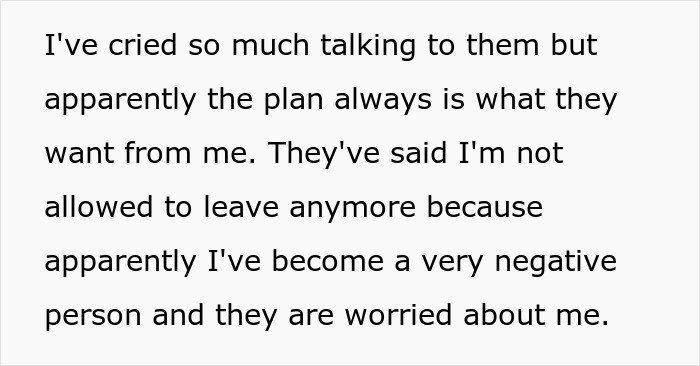 Text excerpt showing a person expressing feeling held hostage at their parents’ place and emotional distress over restrictions.