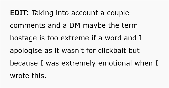 Edit text explaining the use of the word hostage and sharing an emotional apology for the post’s tone.