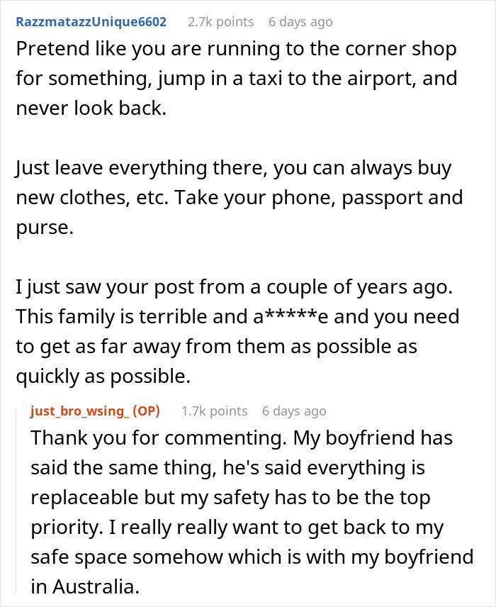 Reddit user advises on escaping situation related to being held hostage at parents’ place, emphasizing safety and quick action.