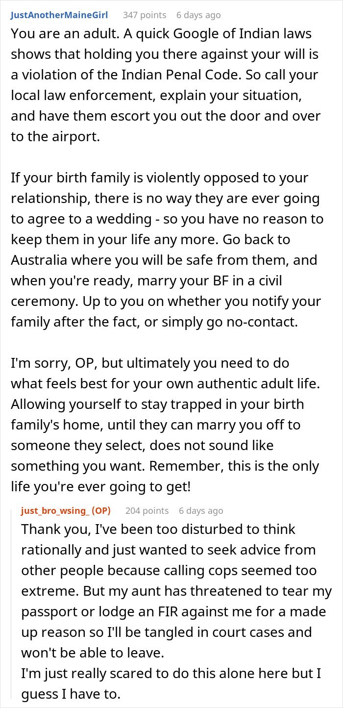 Reddit conversation about being held hostage at parents' place, sharing advice on legal rights and escape options.