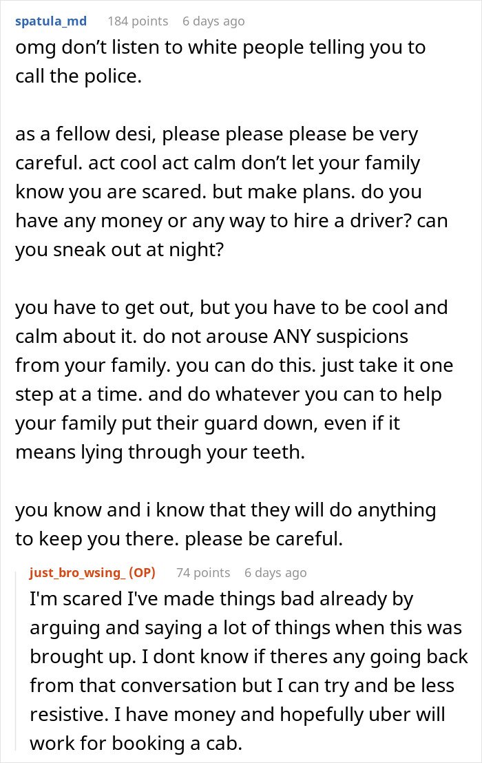 Reddit advice thread discussing being held hostage at parents’ place with tips on staying calm and planning an escape.