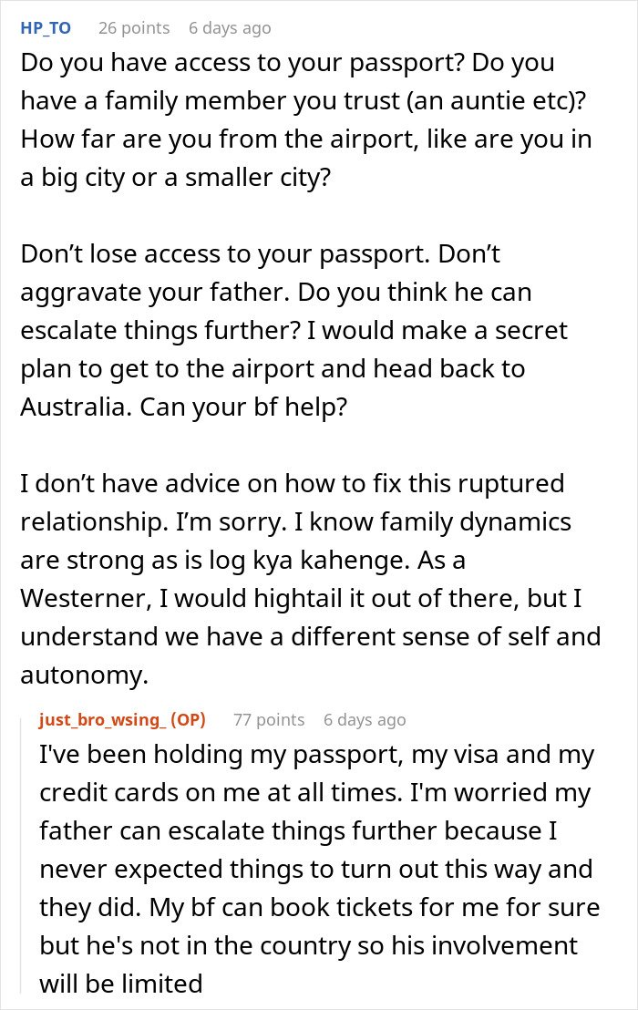 Text conversation discussing being held hostage at parents’ place, concerns about passport and family conflict.
