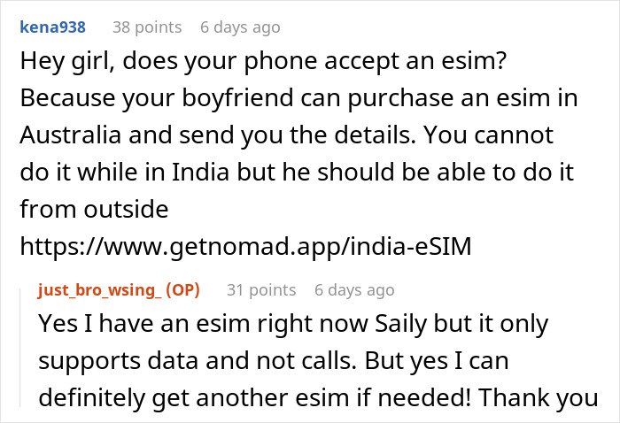 Reddit conversation about being held hostage at parents’ place and discussing using eSIM for communication.