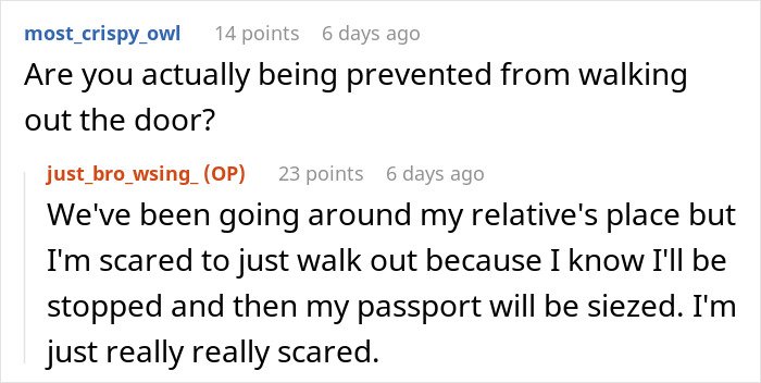 Online forum conversation where a user discusses feeling held hostage at their parents’ place and fear of leaving.