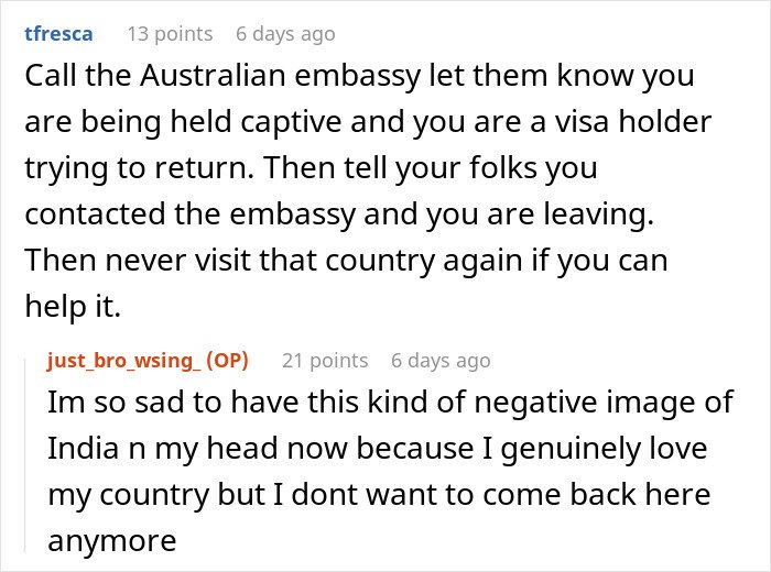 Alt text: Advice on being held hostage at parents’ place with tips for contacting embassy and planning to leave safely.