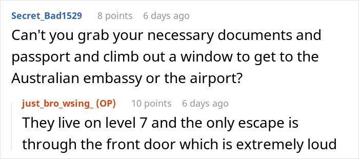 Online conversation discussing being held hostage at parents’ place and exploring possible escape options and challenges.