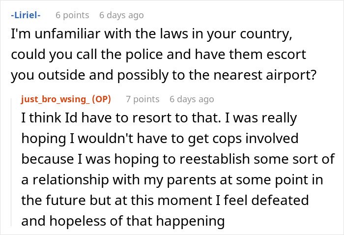 Reddit conversation about being held hostage at parents’ place and seeking advice on involving police or escaping safely.