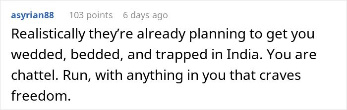 Comment warning about being trapped and held hostage at parents' place, urging to seek freedom and escape the situation.
