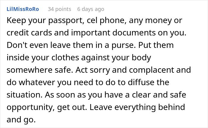 Text advice on being held hostage at parents’ place, suggesting keeping documents safe and waiting for a chance to escape.