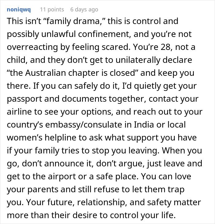 Text post discussing control and unlawful confinement in a parents’ place, offering advice on safety and escape options.