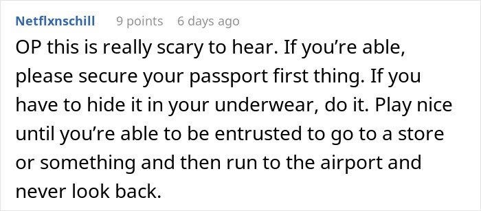 Screenshot of a Reddit comment advising someone held hostage at their parents’ place to secure their passport and escape safely.