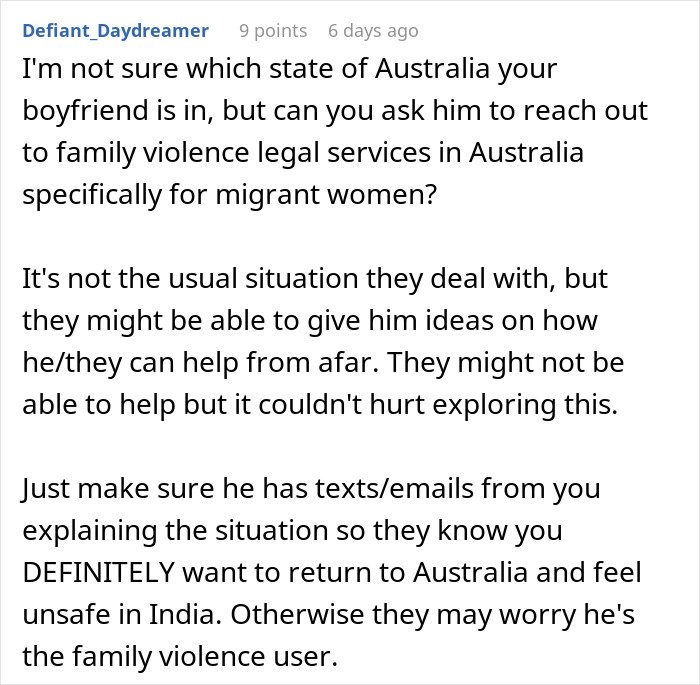 Comment discussing reaching out to family violence legal services for help with being held hostage at parents’ place.