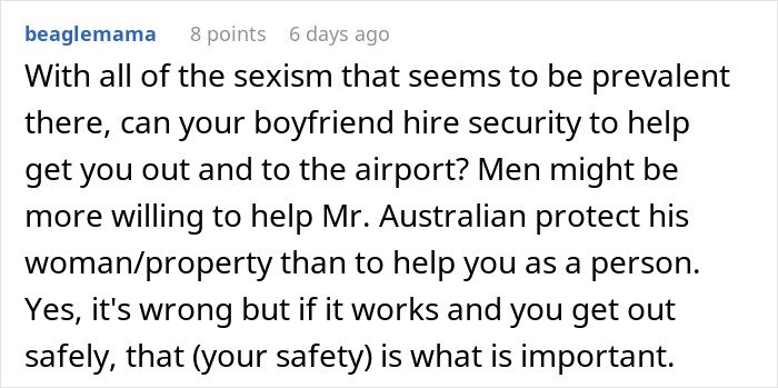 Comment suggesting hiring security for help escaping while being held hostage at parents’ place for safety and protection.