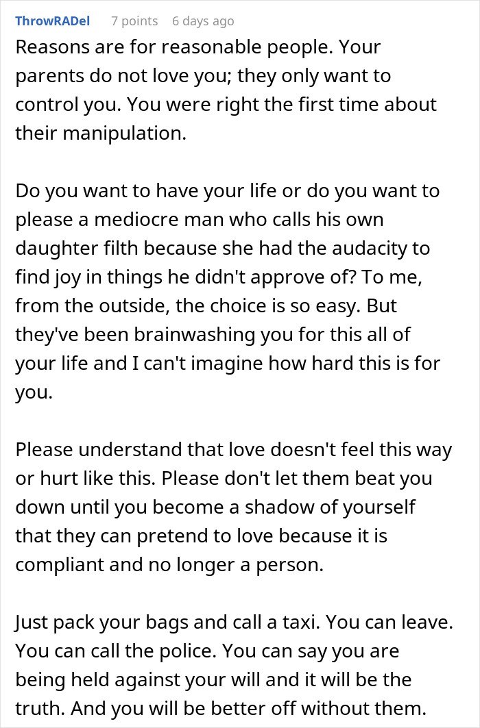 Comment discussing control and manipulation in a hostage situation at parents’ place and advice on how to escape.