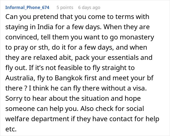 Reddit comment offering advice on being held hostage at parents’ place, suggesting ways to escape and seek help.