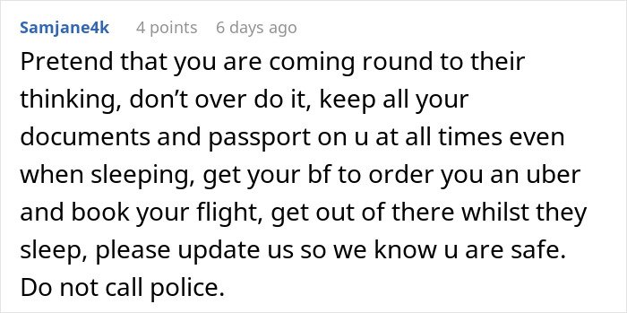Text post with advice on being held hostage at parents' place, emphasizing safety and escape planning without police involvement.