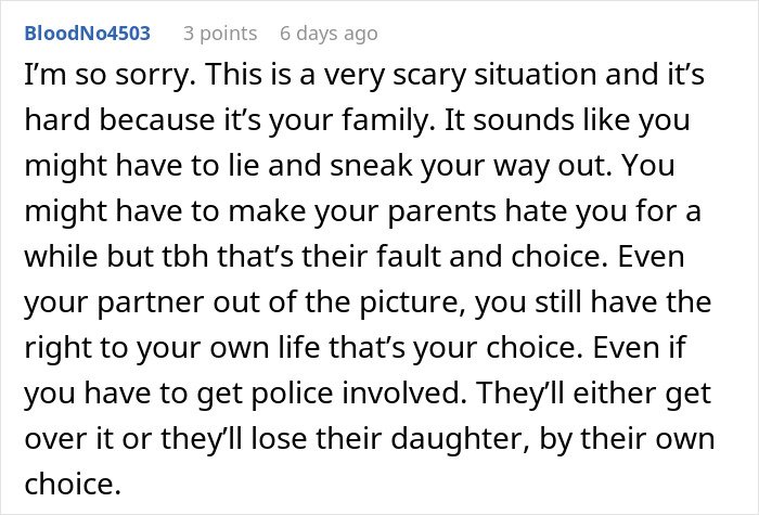Comment response advising on being held hostage at parents' place, emphasizing personal choice and seeking help if needed.