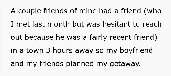 Text excerpt about planning a getaway with friends, reflecting feelings of being held hostage at parents’ place.