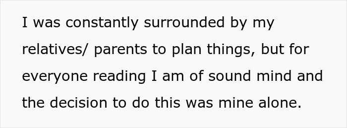 Text about feeling held hostage at parents’ place, expressing sound mind and personal decision despite being surrounded by relatives.