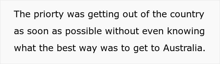 Text on a white background discusses the priority of escaping a hostage situation at parents’ place without knowing how to get to Australia.