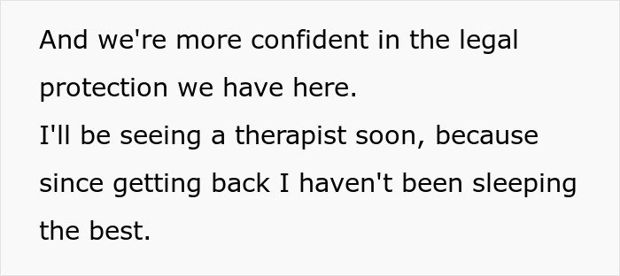Text excerpt discussing legal protection and planning to see a therapist after being held hostage at parents’ place.