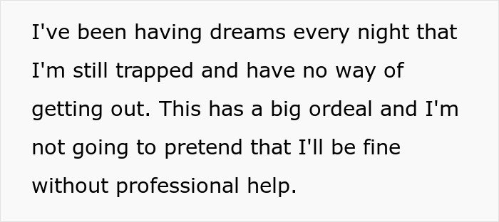 Text about being held hostage at parents' place, feeling trapped and needing professional help for the ordeal.
