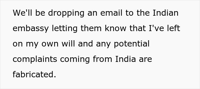 Text excerpt discussing sending an email to the Indian embassy about being held hostage at parents’ place.