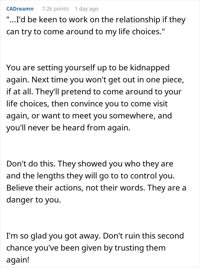 Text from an online discussion warning about the danger of being held hostage at parents' place and advising caution and trust in actions.