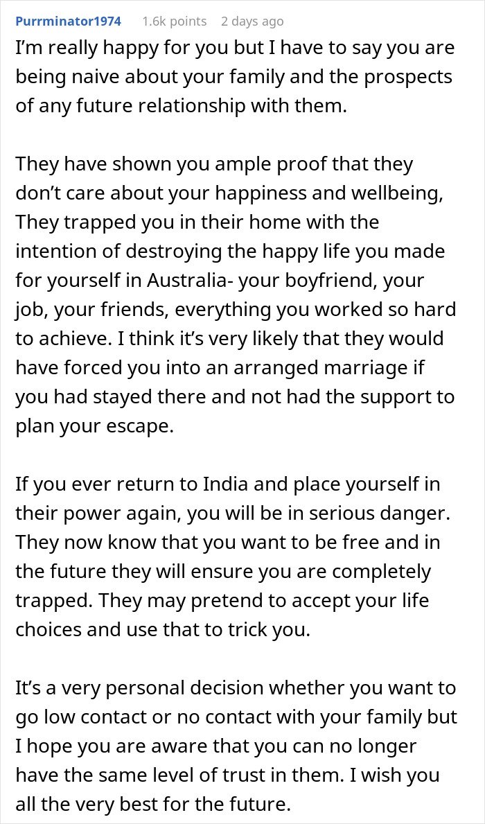 Text from a forum post discussing being held hostage at parents’ place and planning an escape from family control.