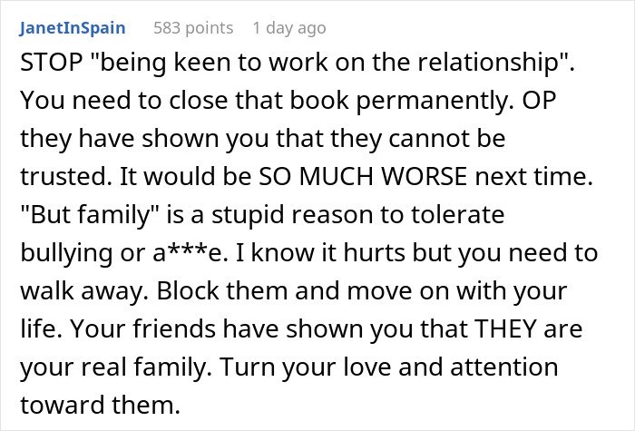 Screenshot of online advice discussing being held hostage at parents’ place, urging to block and move on for mental well-being.